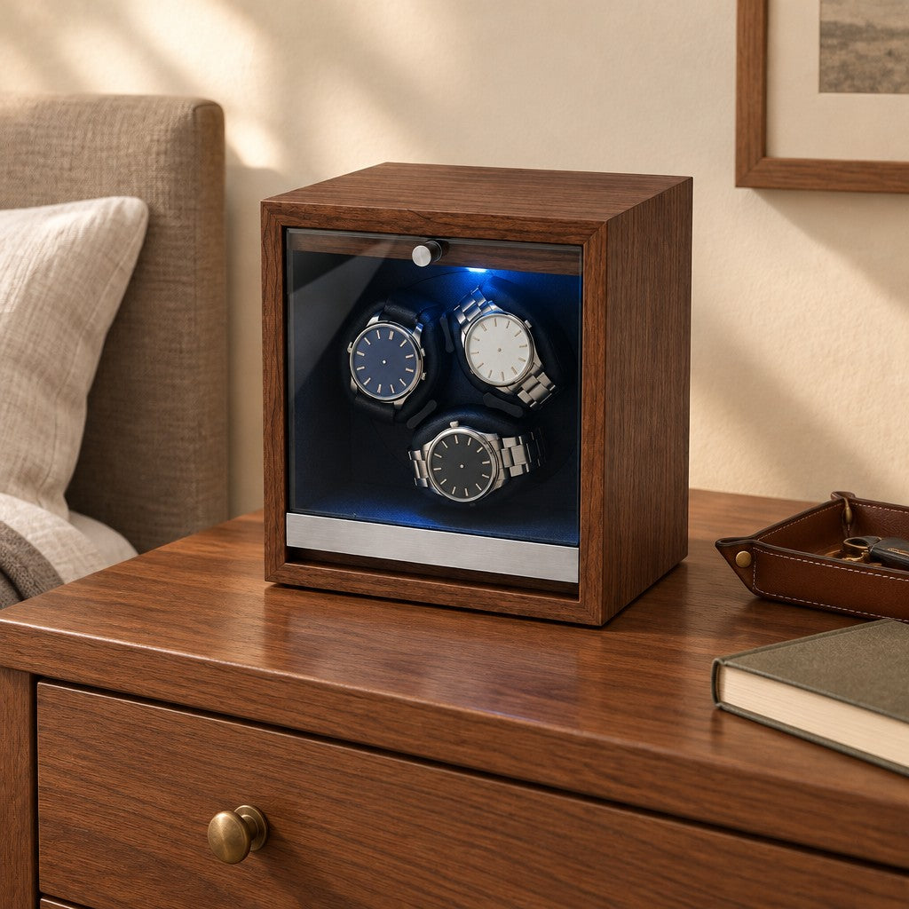 Walnut 3-watch winder on a wooden chest of drawers