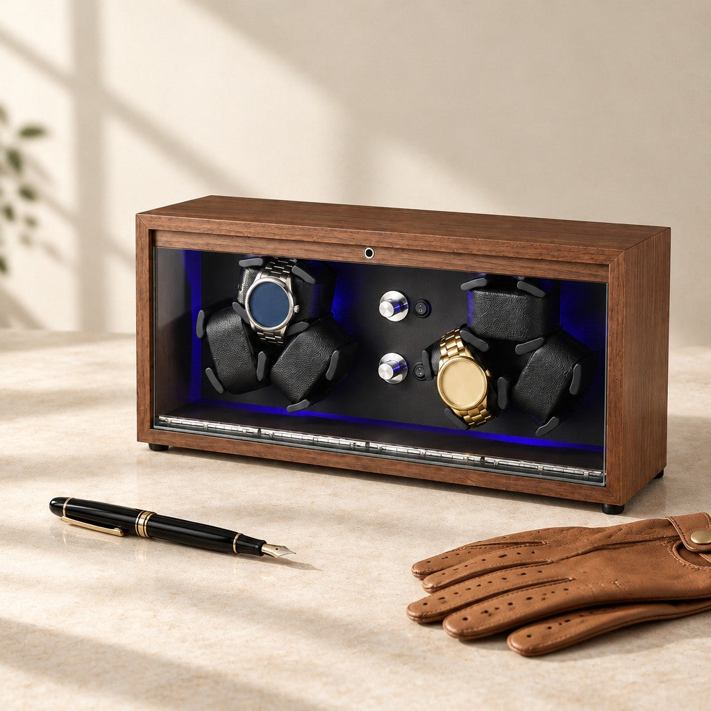 Walnut 6-watch winder closed, beside a fountain pen and leather gloves