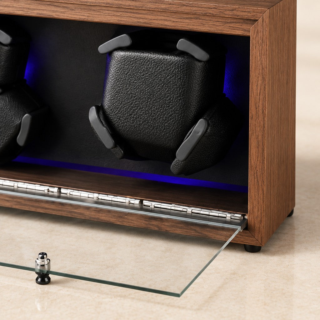 Close-up of a padded watch pillow and the glass lid hinge