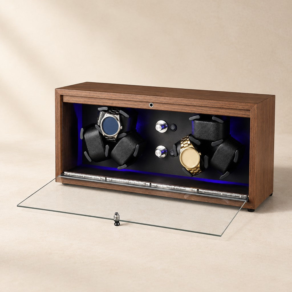 Walnut 6-watch winder with its glass lid open and three watches on the pillows
