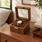 Walnut-Finish Single Watch Box with Clear Lid on a chest of drawers, for scale