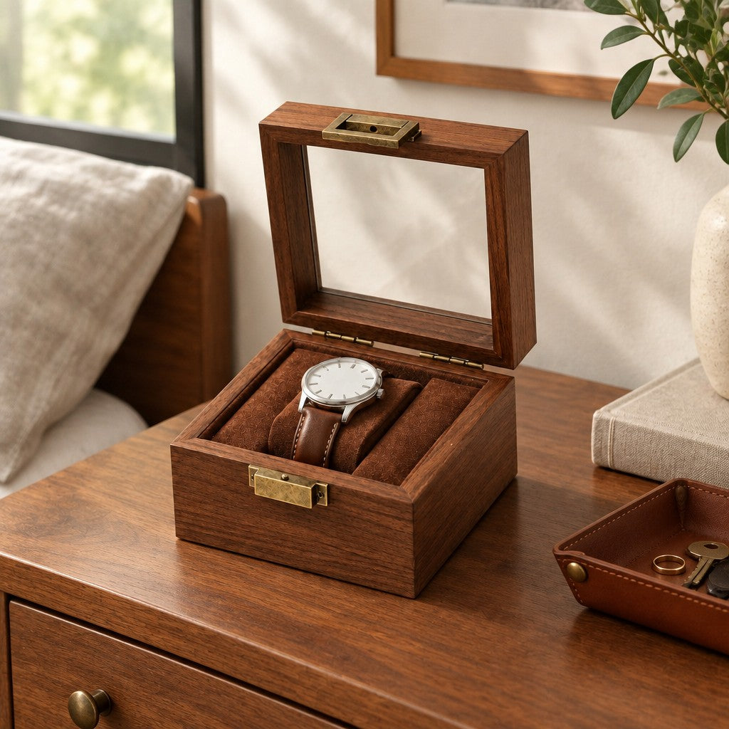 Walnut-Finish Single Watch Box with Clear Lid on a chest of drawers, for scale