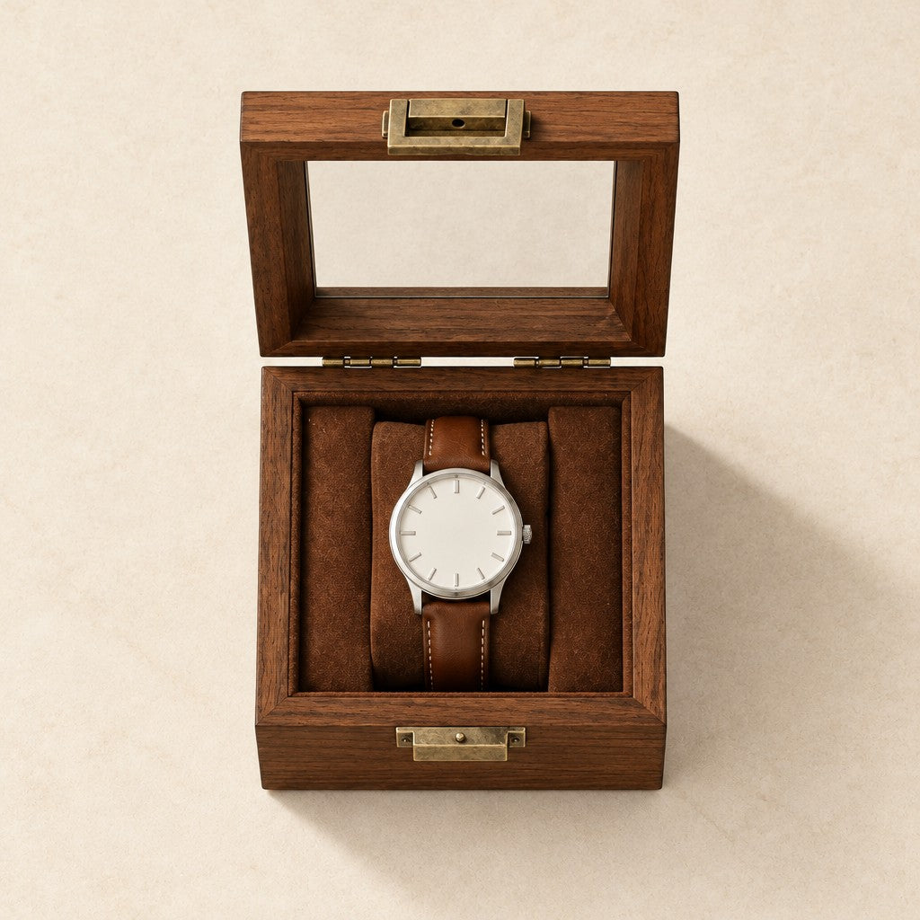 Top view of the Walnut-Finish Single Watch Box with Clear Lid open, with a 40 mm watch on the pillow