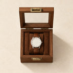 Top view of the Walnut-Finish Single Watch Box with Clear Lid open, with a 40 mm watch on the pillow