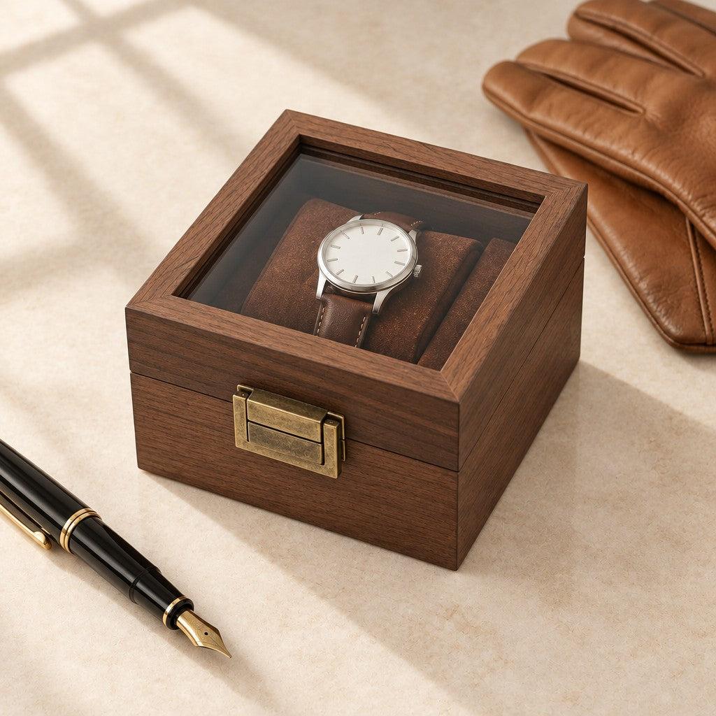 Walnut-finish single watch box closed, beside a fountain pen and leather gloves
