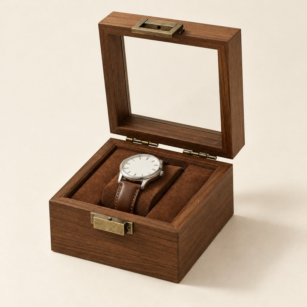 Walnut-finish single watch box with the glass lid open and one watch
