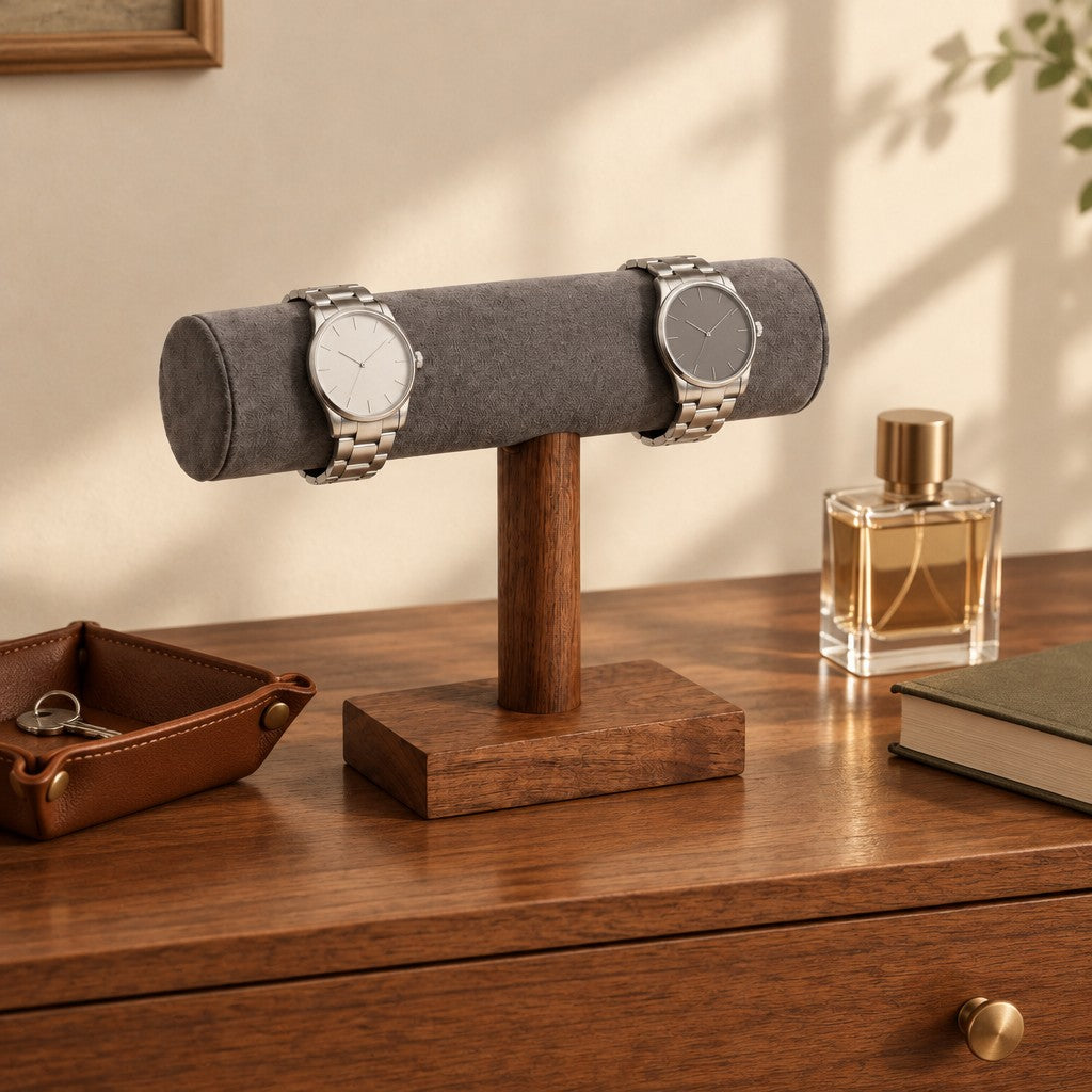 Walnut T-bar watch stand on a chest of drawers beside a valet tray and a perfume bottle