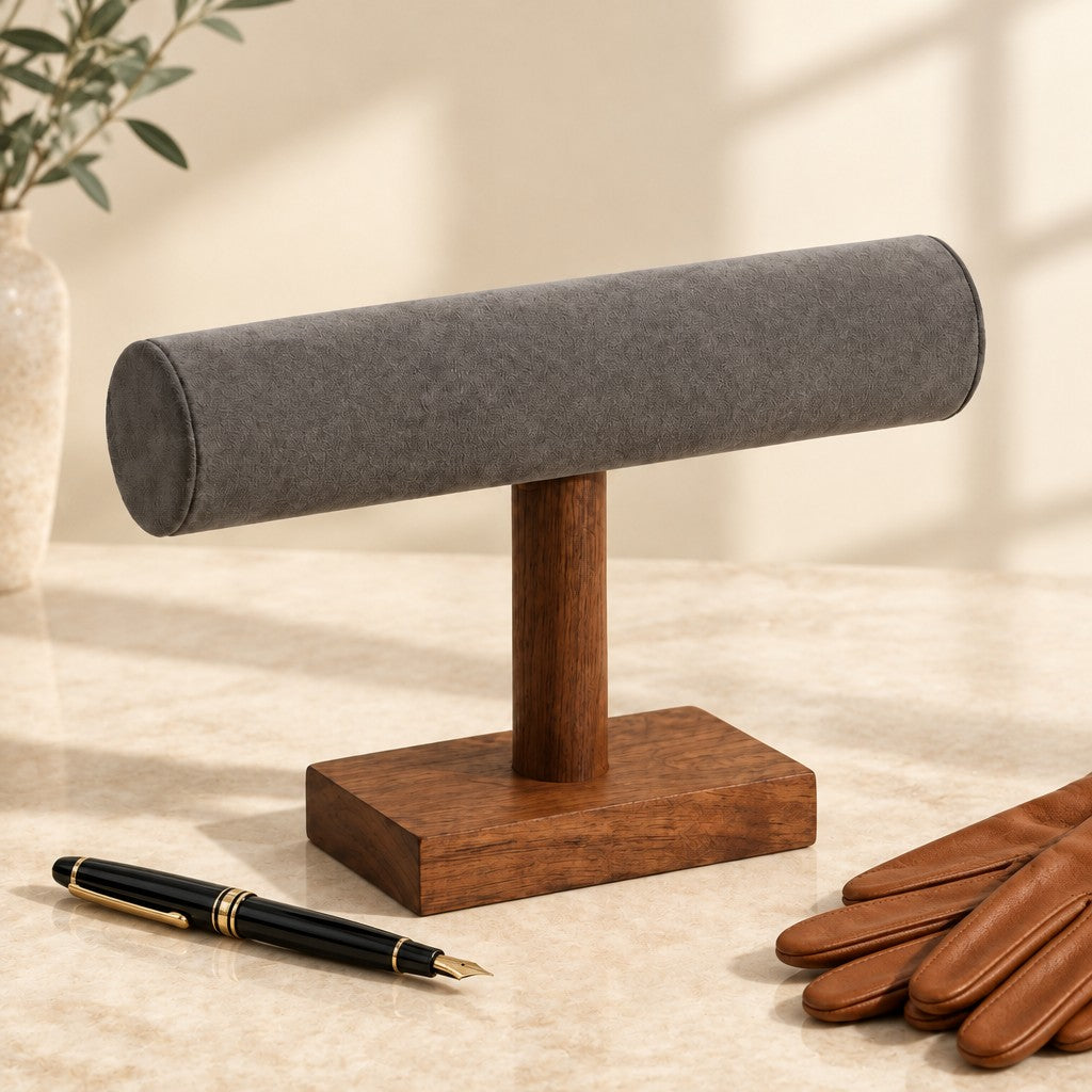 Empty walnut and grey velvet T-bar stand beside a fountain pen and leather gloves