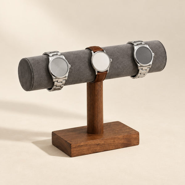 Solid Walnut T-Bar Watch Stand with Grey Velvet Bars