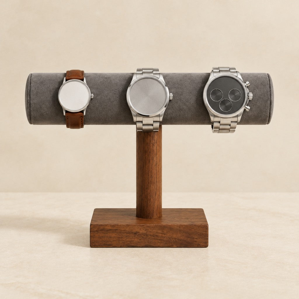 Long velvet bar holding a 36 mm, a 42 mm and a 45 mm watch side by side