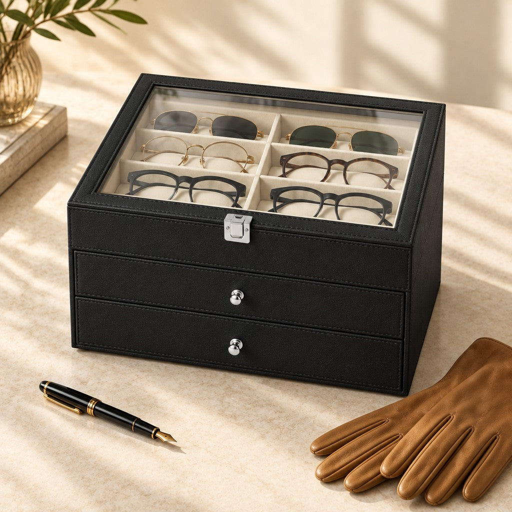 Watch and eyeglasses organizer closed, beside a fountain pen and leather gloves
