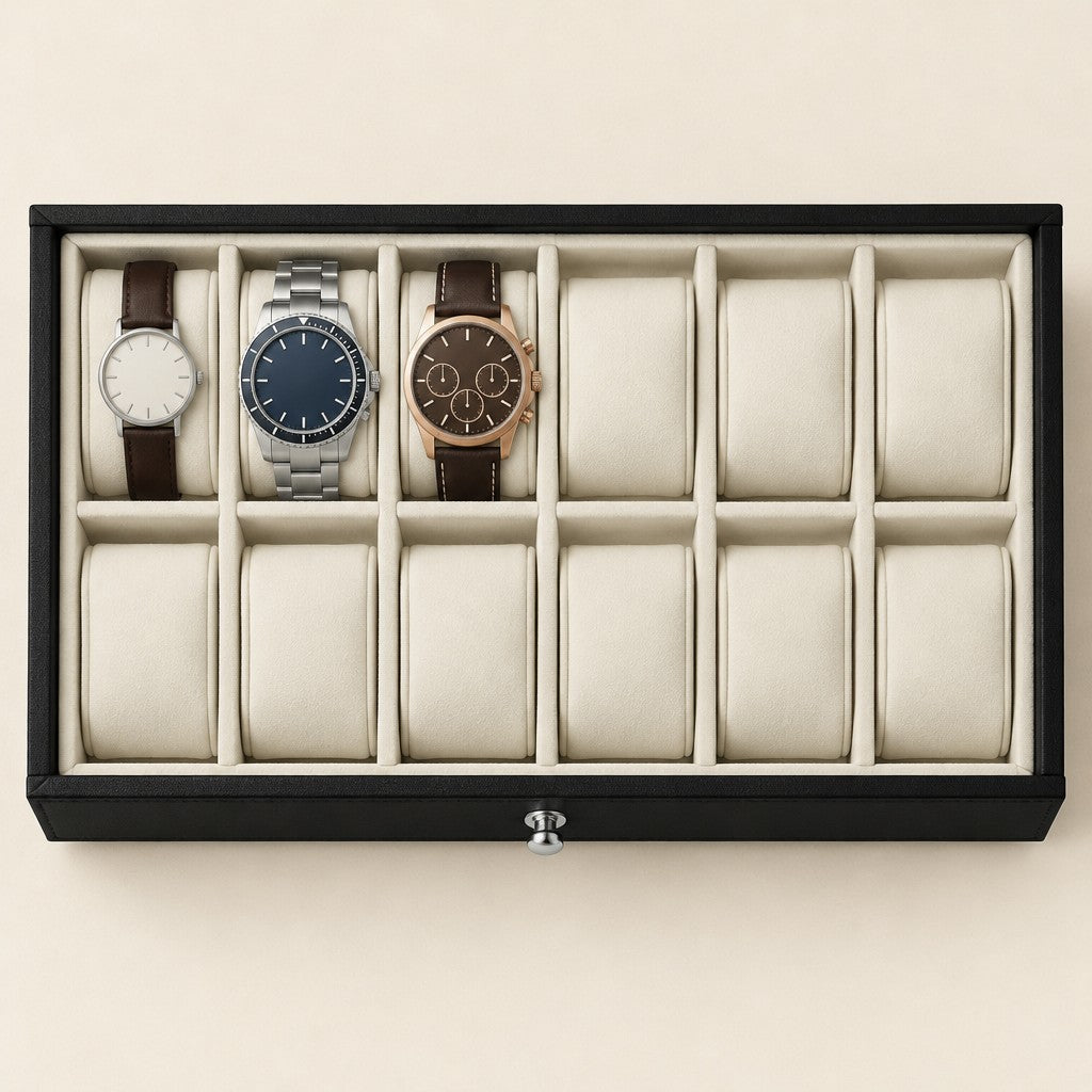 Top view of the watch drawer holding a 36 mm, a 42 mm and a 45 mm chronograph watch
