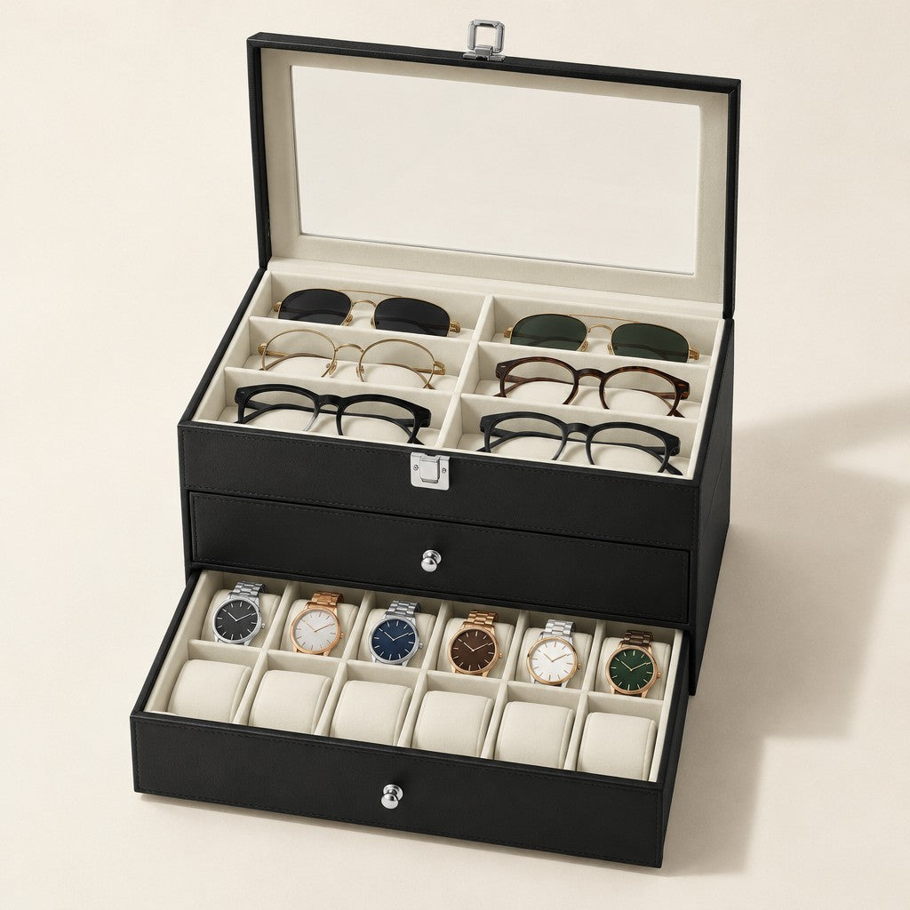 Three-tier watch and eyeglasses organizer open, glasses on top and watches in the bottom drawer