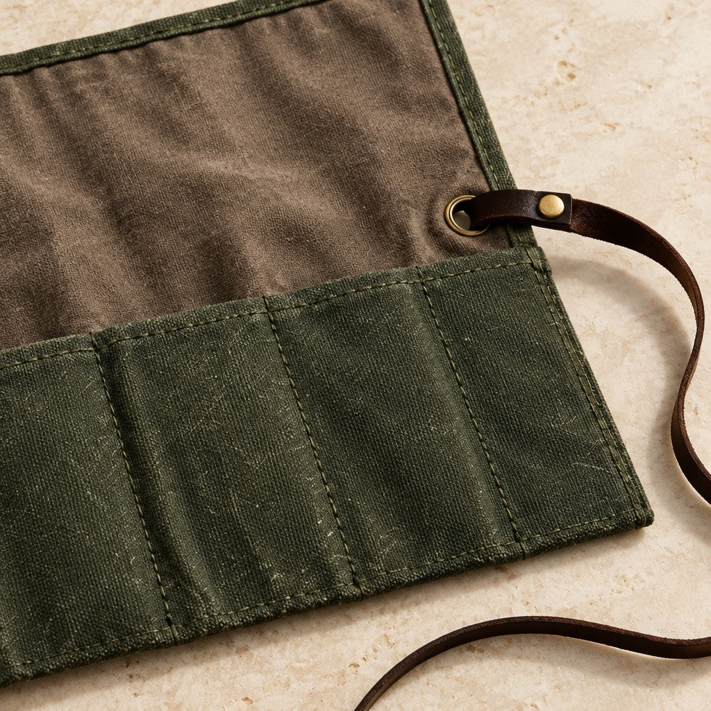 Close-up of the waxed canvas, the stitched pockets and the metal eyelet