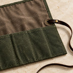Close-up of the waxed canvas, the stitched pockets and the metal eyelet