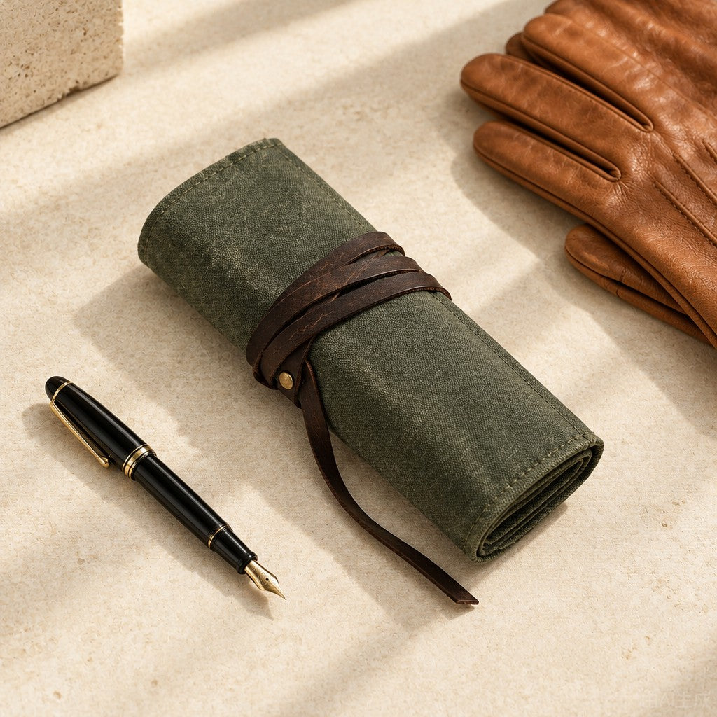 Dark green waxed canvas watch roll tied with its leather cord, beside a fountain pen and gloves