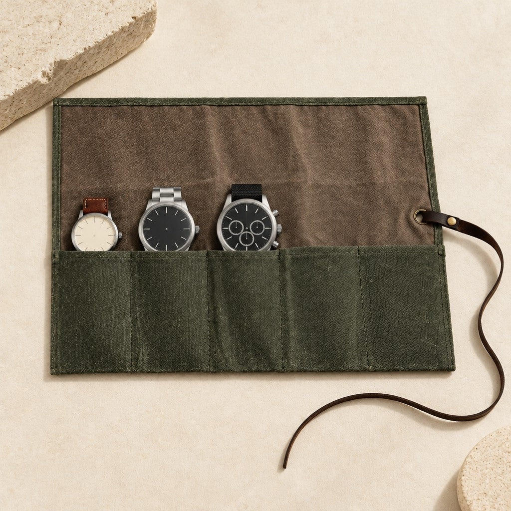 Top view of the 5-pocket canvas watch roll with a 36 mm, a 42 mm and a 45 mm watch