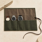 Top view of the 5-pocket canvas watch roll with a 36 mm, a 42 mm and a 45 mm watch