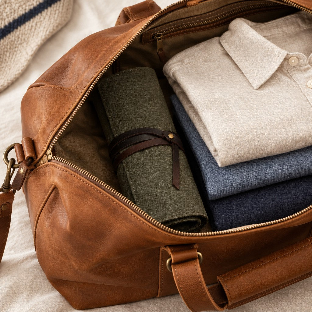 Rolled canvas watch roll in a leather weekender bag beside folded shirts