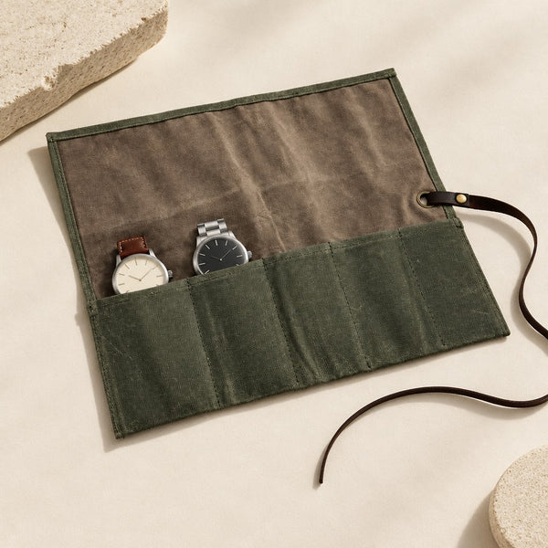 Waxed Canvas Watch Roll - 5 Pockets