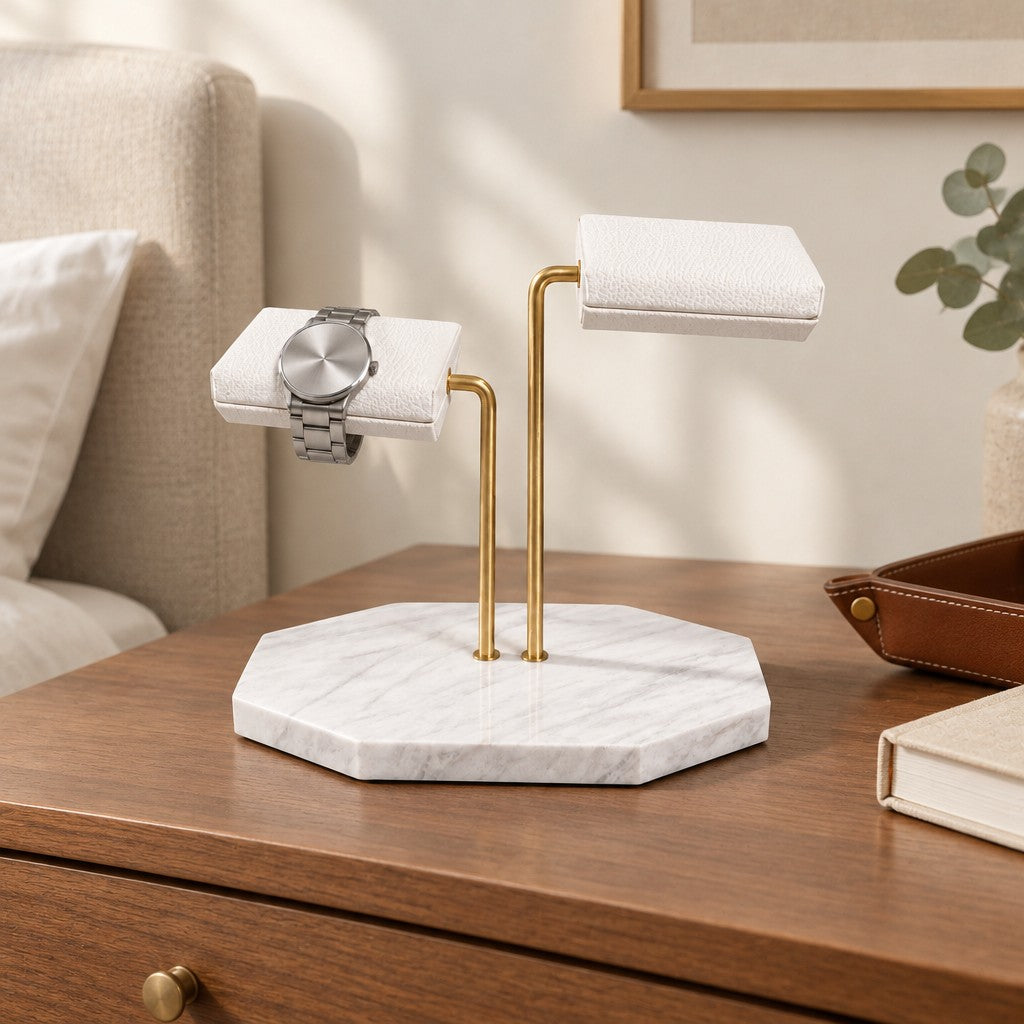 White Marble Two-Tier Double Watch Stand on a chest of drawers, for scale