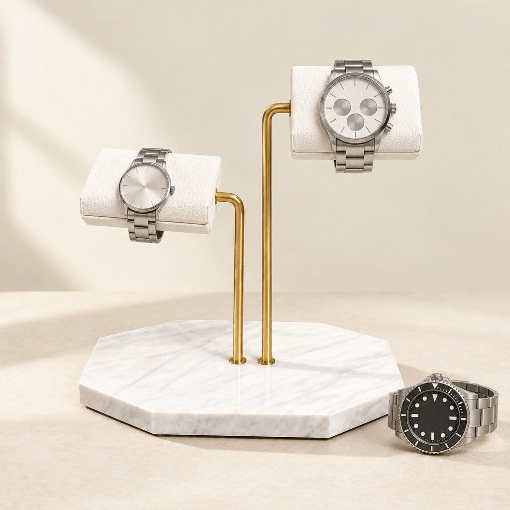 White Marble Two-Tier Double Watch Stand with watches of different sizes