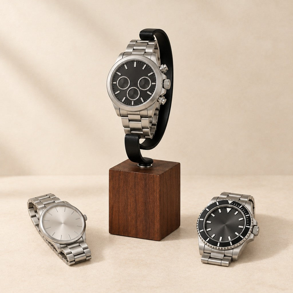 Walnut hook stand holding a 45 mm chronograph, with a 36 mm and a 42 mm watch beside it
