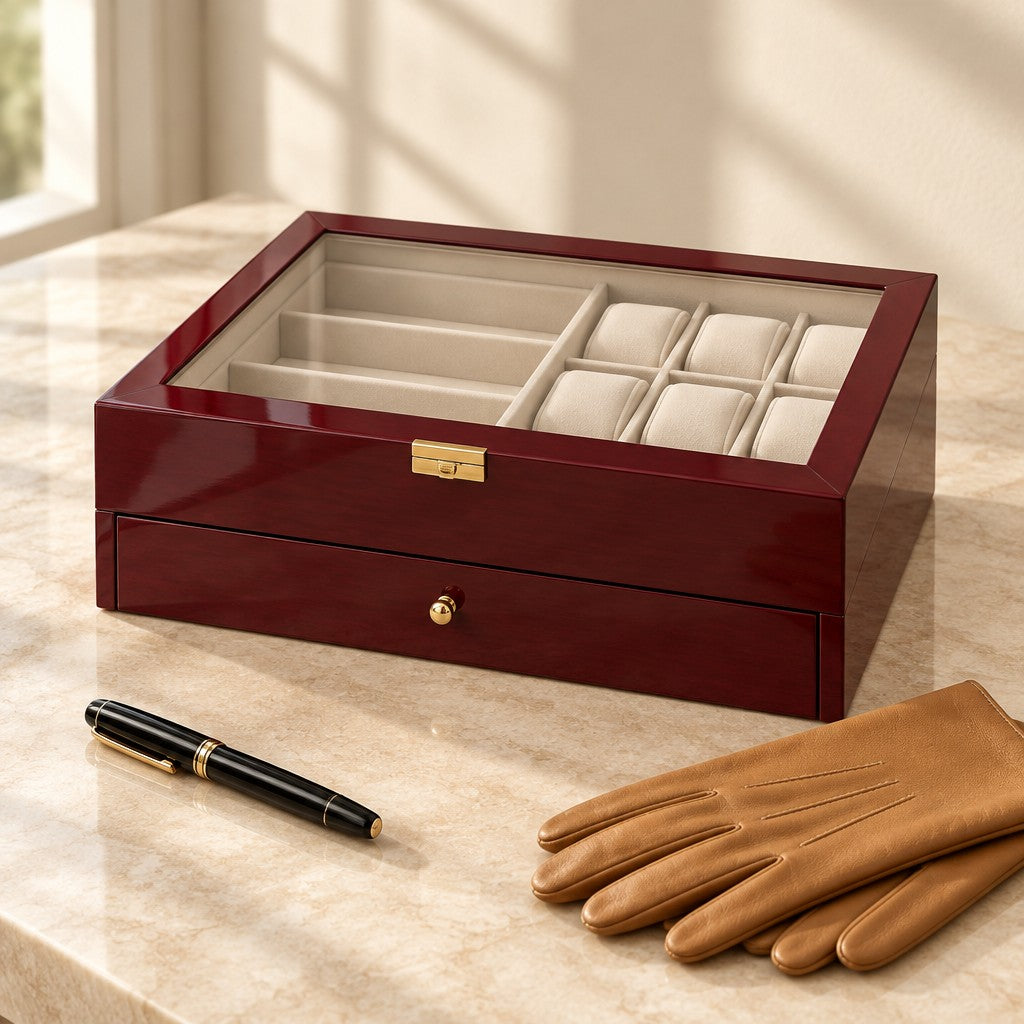 Lacquered wood watch box closed, beside a fountain pen and leather gloves
