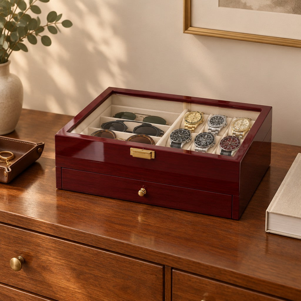 Lacquered wood watch box on a wooden chest of drawers