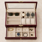 Top view of the watch and sunglasses box with watches of different sizes
