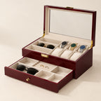 Lacquered wood watch and sunglasses box open with drawer pulled out