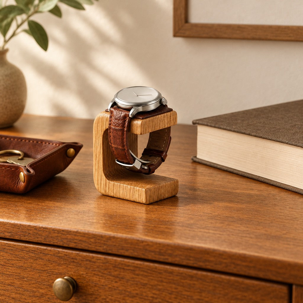 Wooden single watch stand on a chest of drawers beside a valet tray and a book