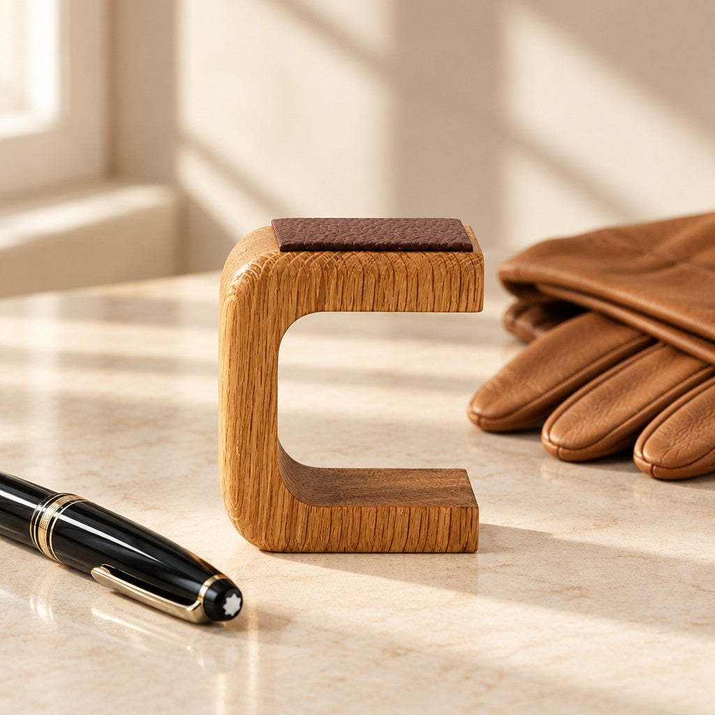 Empty wooden C-shaped watch stand beside a fountain pen and leather gloves