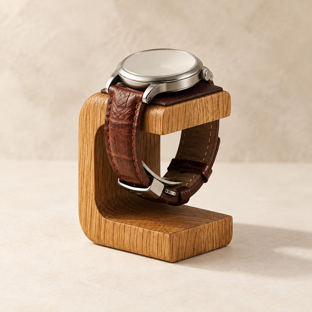 Wooden C-shaped watch stand holding a watch on a brown leather strap