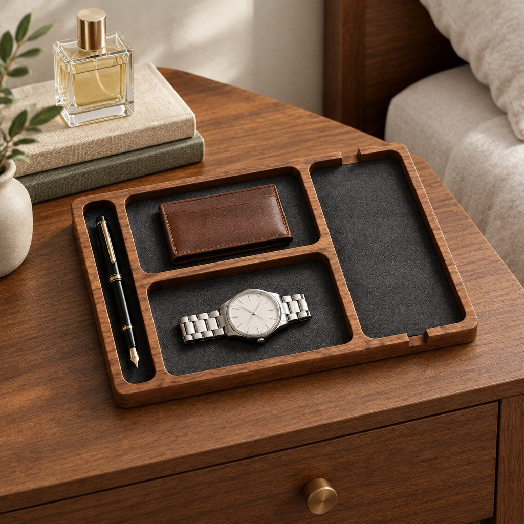 Wooden nightstand valet tray with felt-lined compartments, on a chest of drawers, for scale