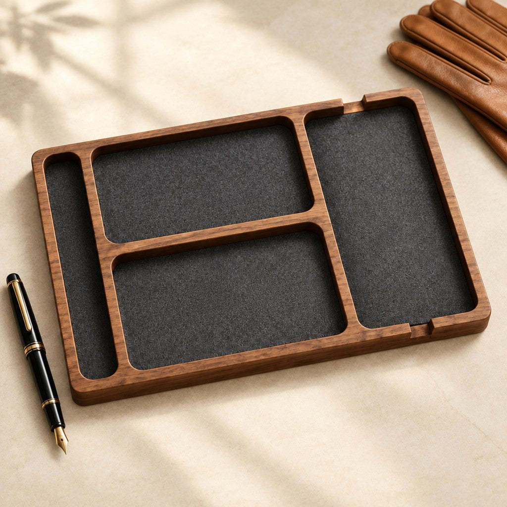 Wooden nightstand valet tray with felt-lined compartments, beside a fountain pen and leather gloves