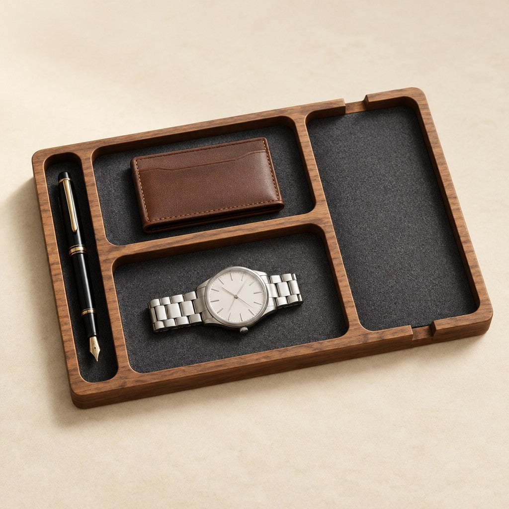 Wooden nightstand valet tray with felt-lined compartments, three-quarter view