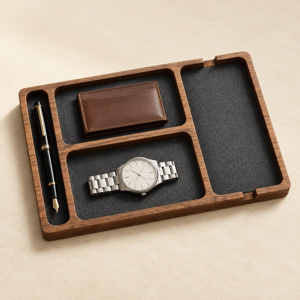 Wooden Nightstand Valet Tray with 4 Compartments