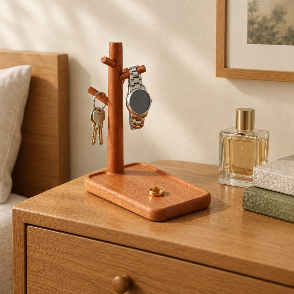 Wooden valet tray with a watch and key stand, on a chest of drawers, for scale