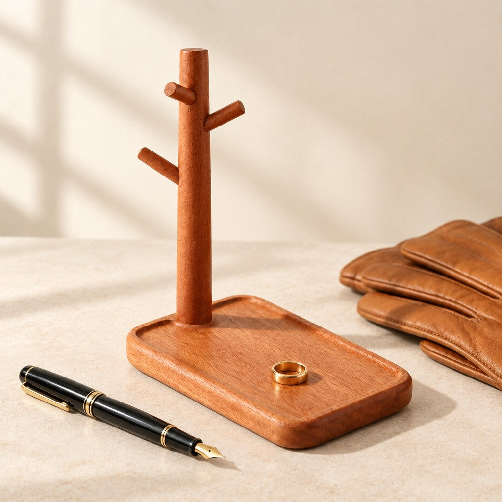 Wooden valet tray with a watch and key stand, beside a fountain pen and leather gloves