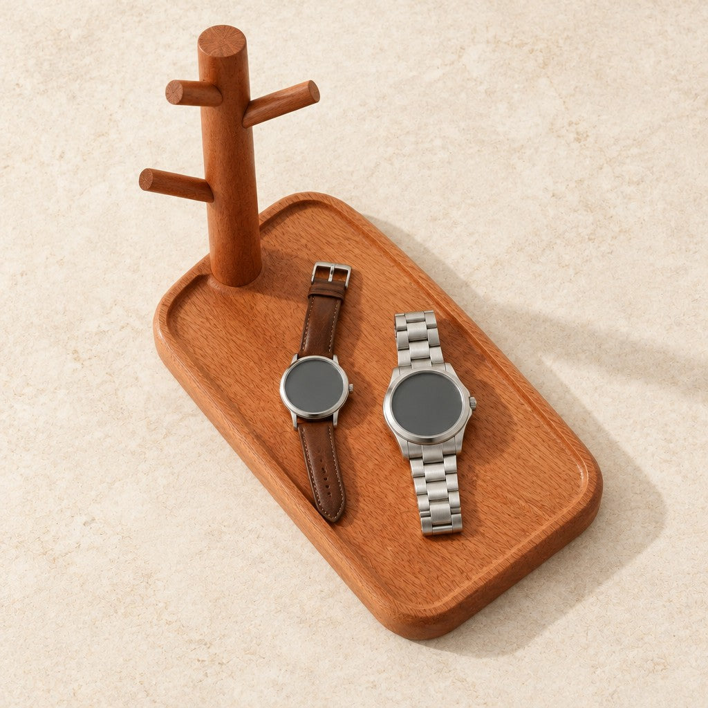 Wooden valet tray with a watch and key stand, from above, with watches of different sizes
