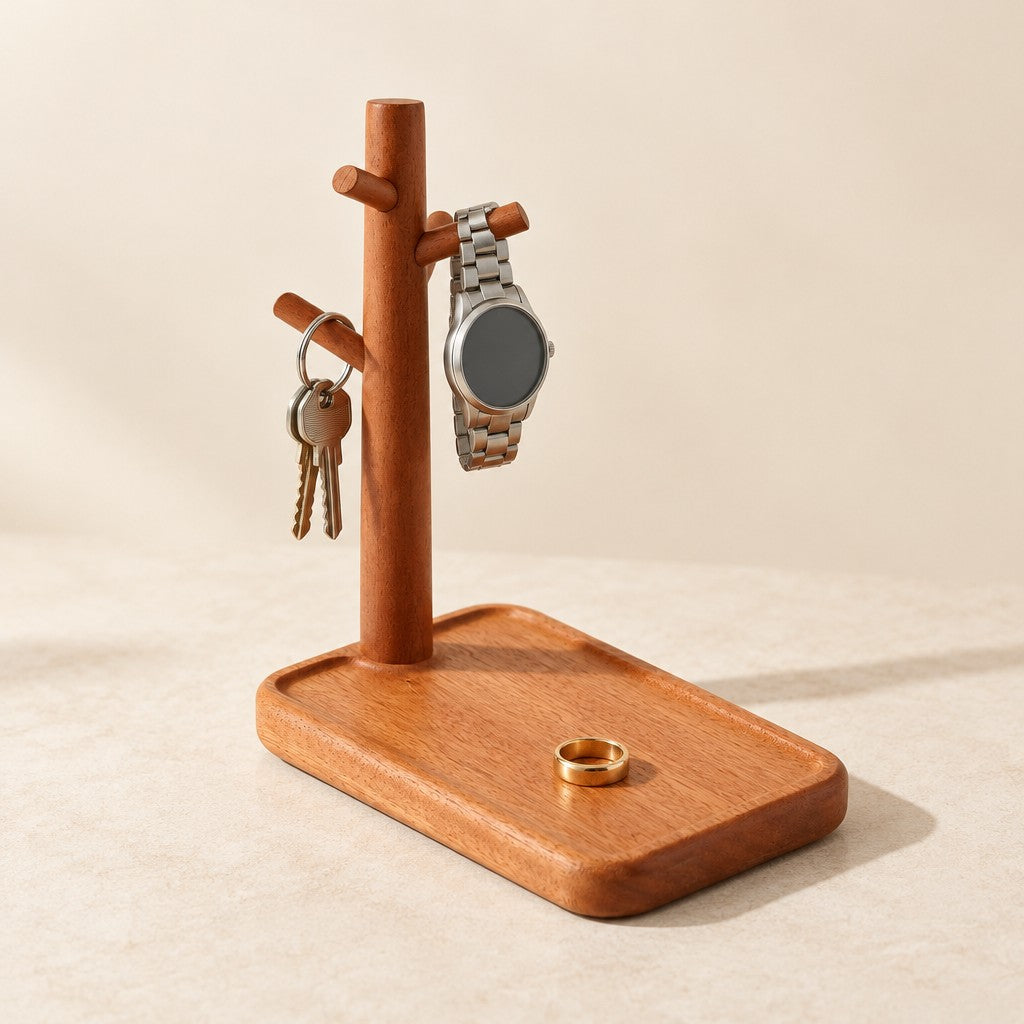 Wooden valet tray with a watch and key stand, three-quarter view