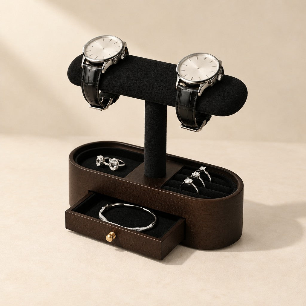 Wooden watch stand, dark wood T-bar stand with drawer, black lining
