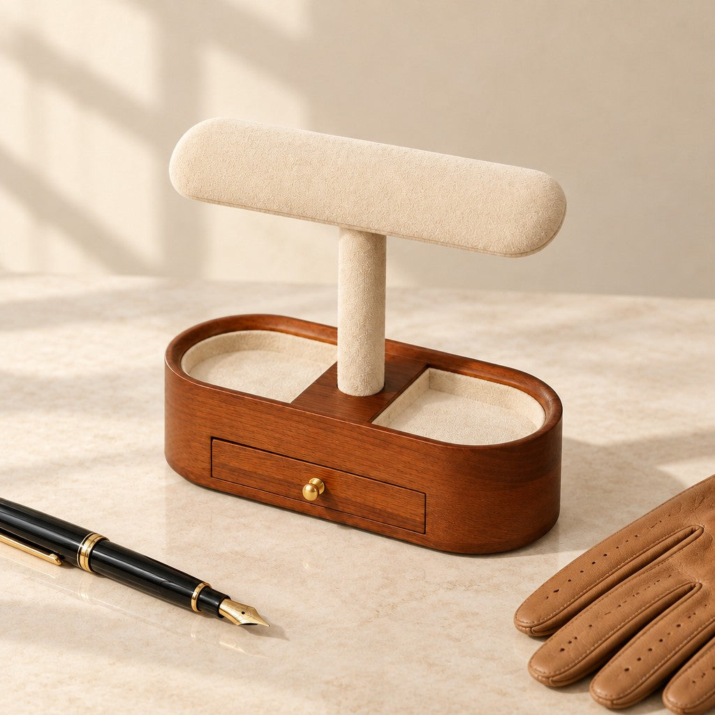 Watch and jewelry stand with drawer beside a fountain pen and leather gloves