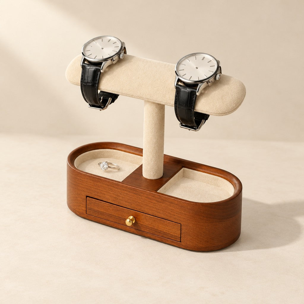 Honey wood watch and jewelry stand with drawer, beige T-bar and two watches