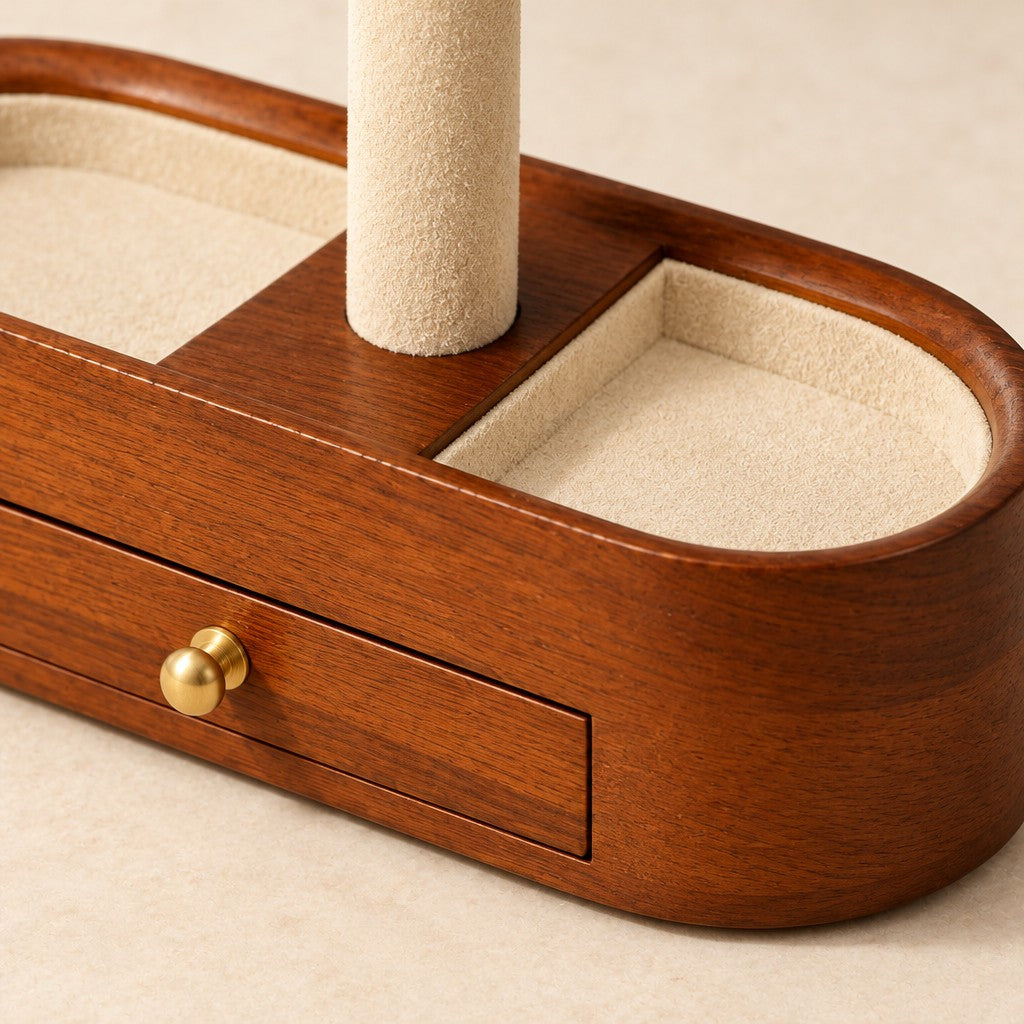 Close-up of the beige lining and the brass drawer knob