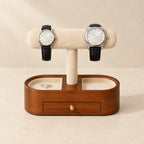 T-bar stand holding a 36 mm and a 42 mm watch, ring in the tray