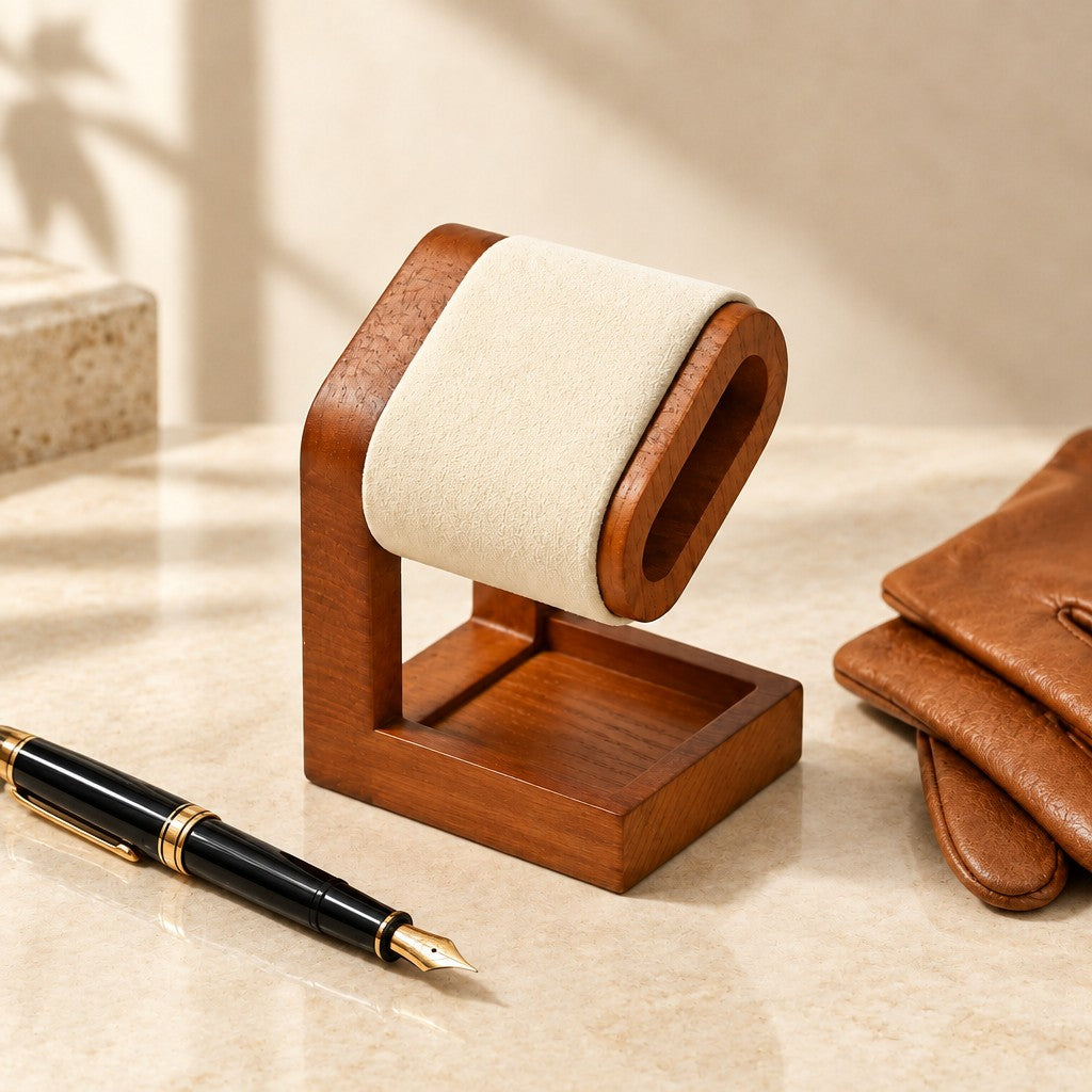 Empty wooden watch pillow stand beside a fountain pen and leather gloves