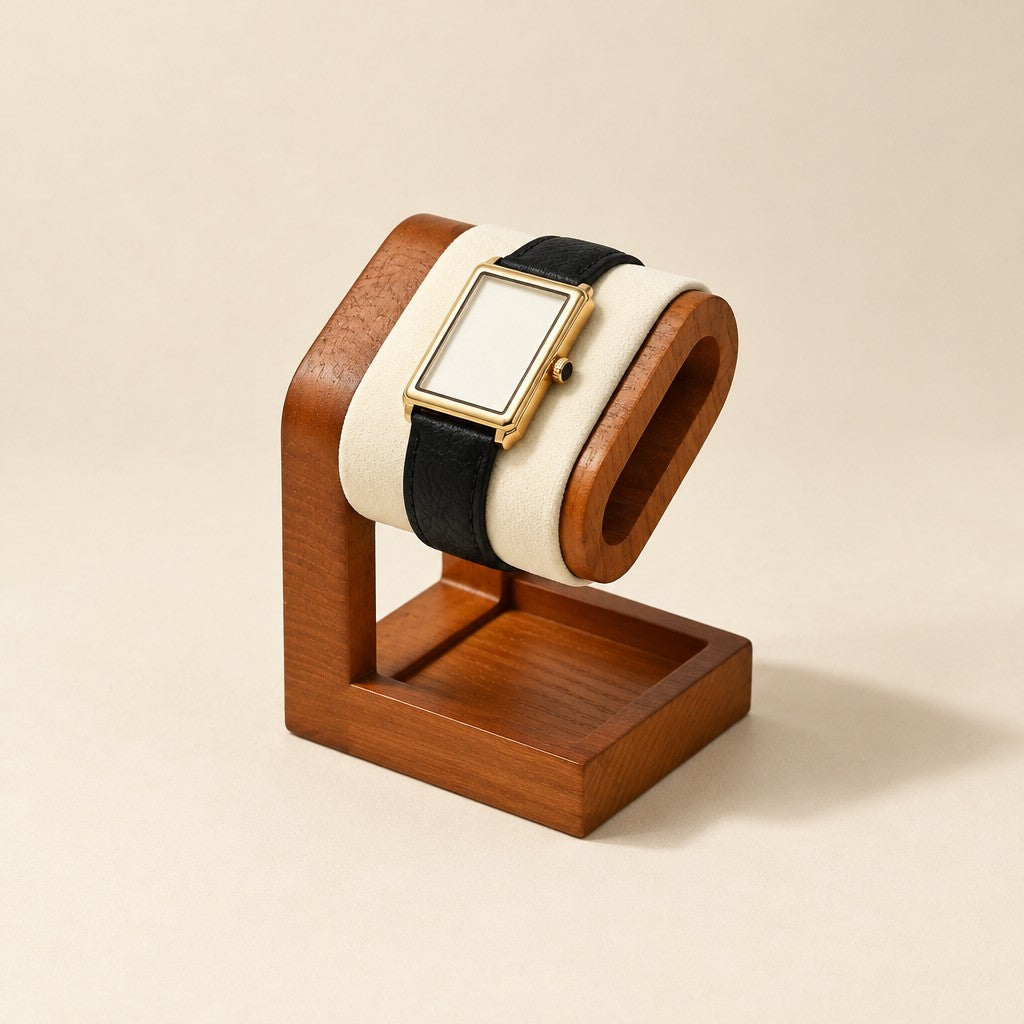 Single wooden watch stand with a beige pillow holding a watch