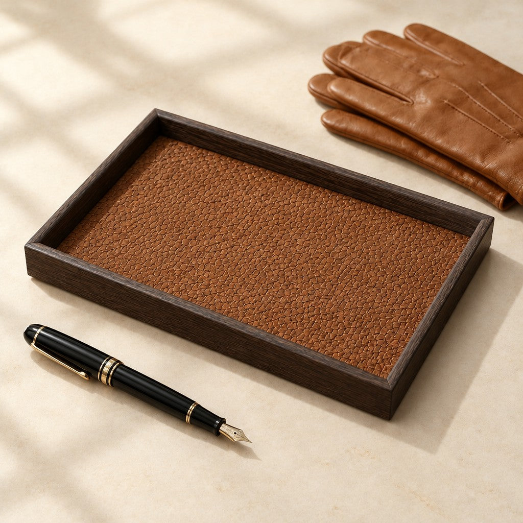 Woven valet tray with a dark wood-grain frame, beside a fountain pen and leather gloves